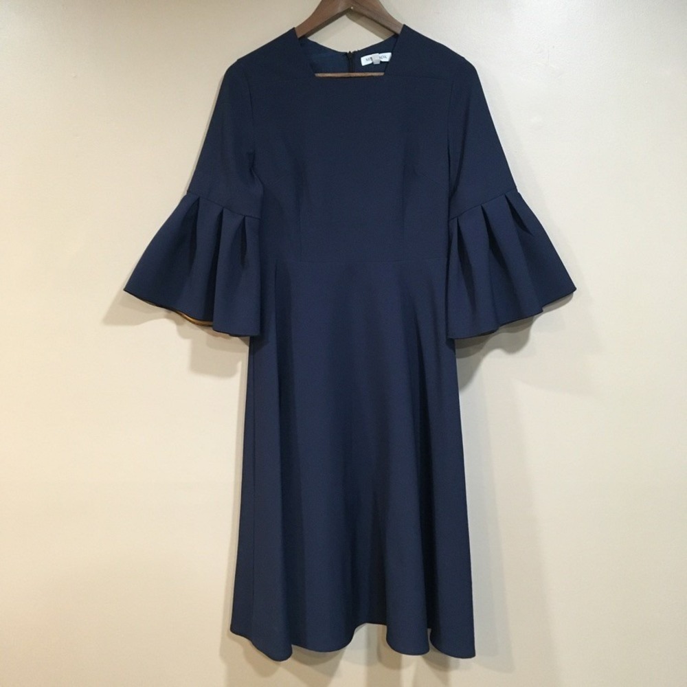 Misslook Bell Sleeve Midi Fit Flare Dress Womens 4 Navy Mod Office Whimsigoth
